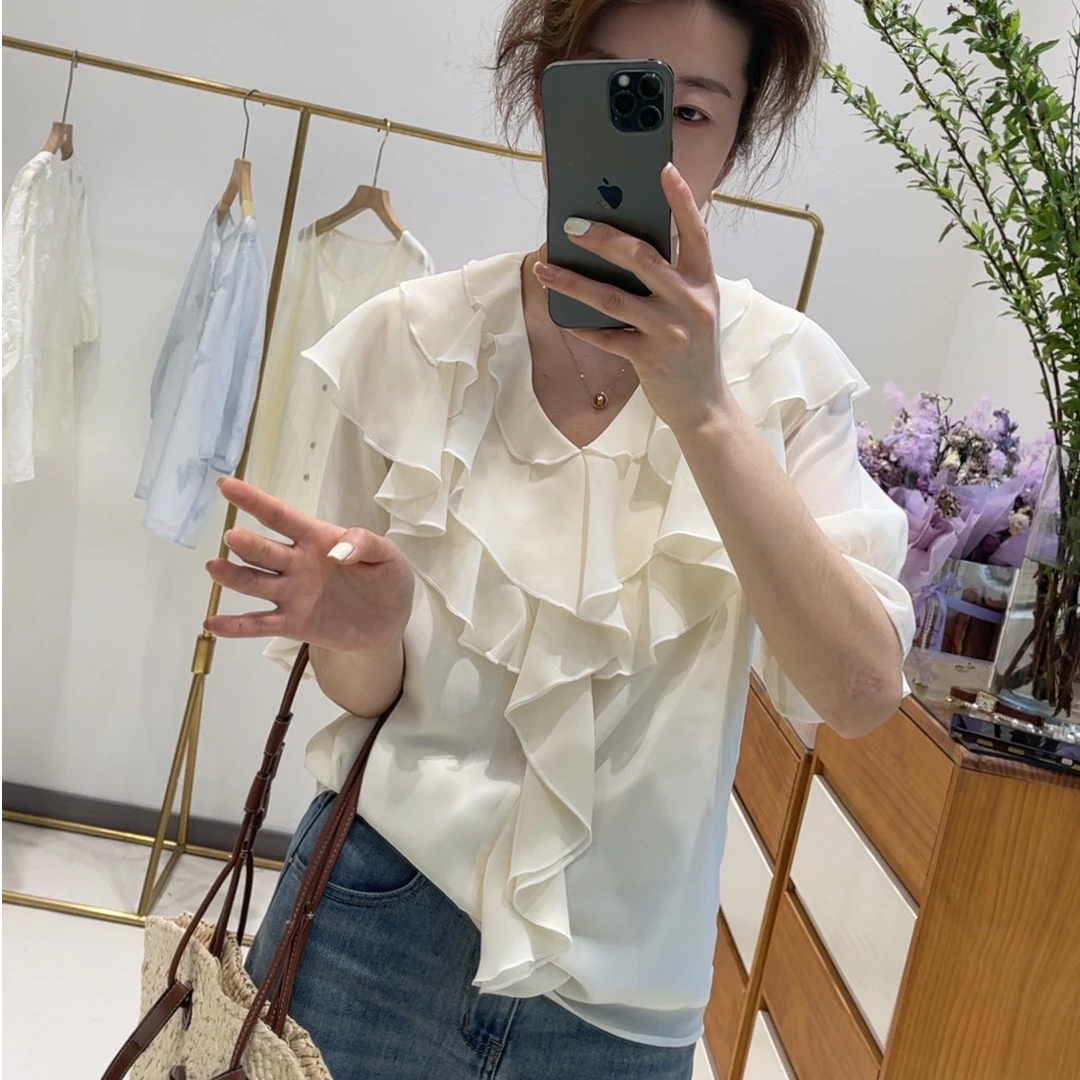 【菜菜家】荷叶边纯色v领法式衬衫气质上衣夏季薄款