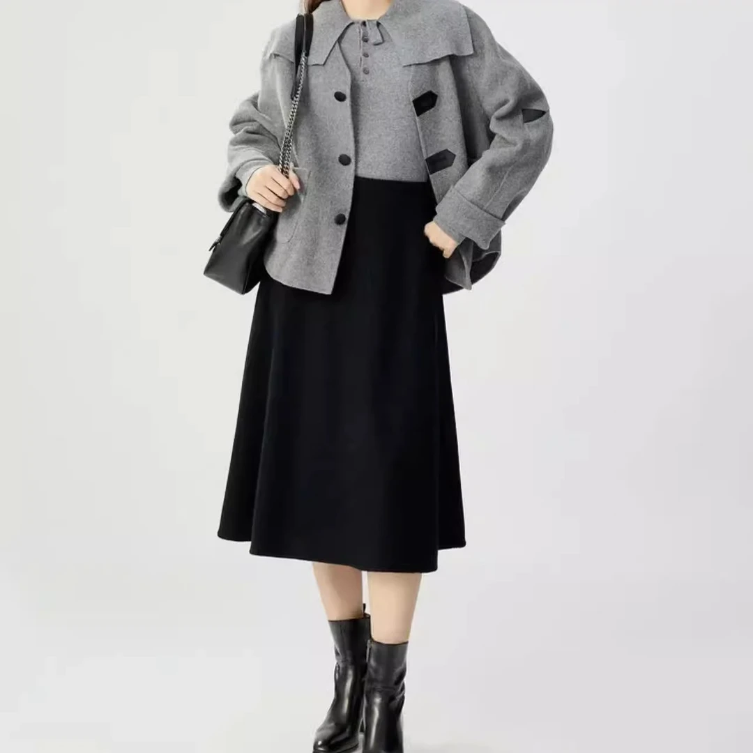 GIRDEAR/哥弟 法式黑色气质通勤高腰中长款A字半裙伞裙1200336