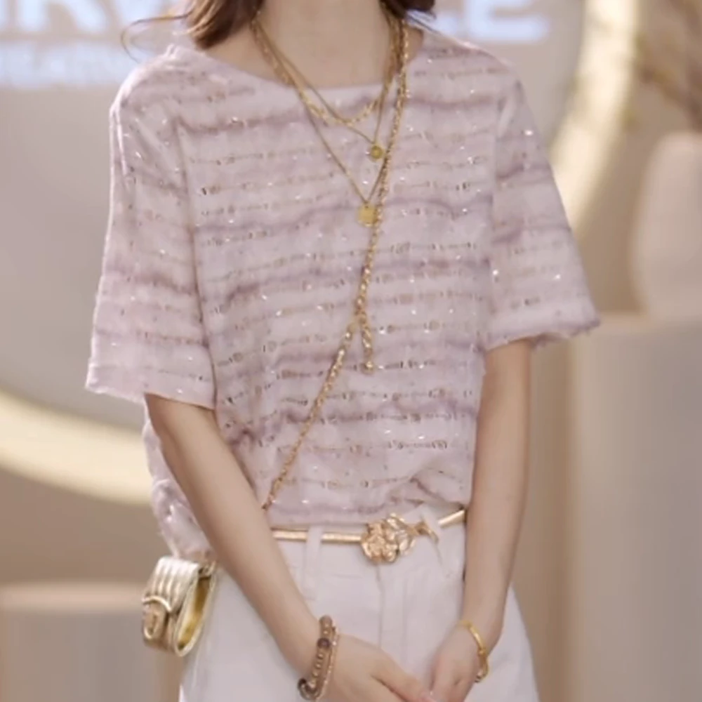 夏季2025新品时尚简约紫色条纹晕染t恤百搭上衣女