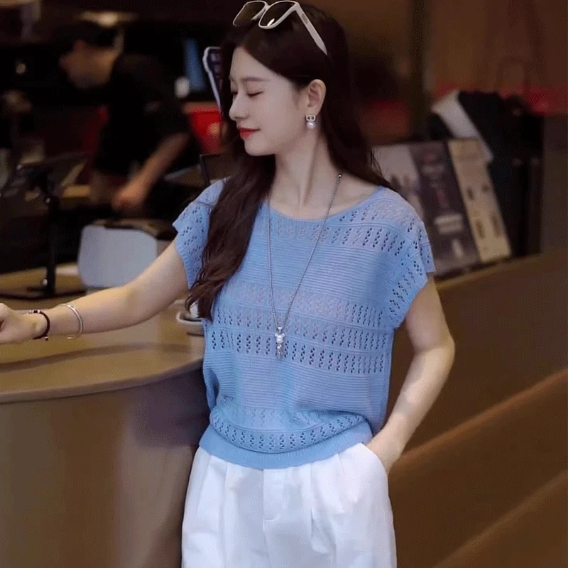 哥弟阿玛施正2025夏季新款镂空薄款冰丝短袖T恤上衣女法式针织衫