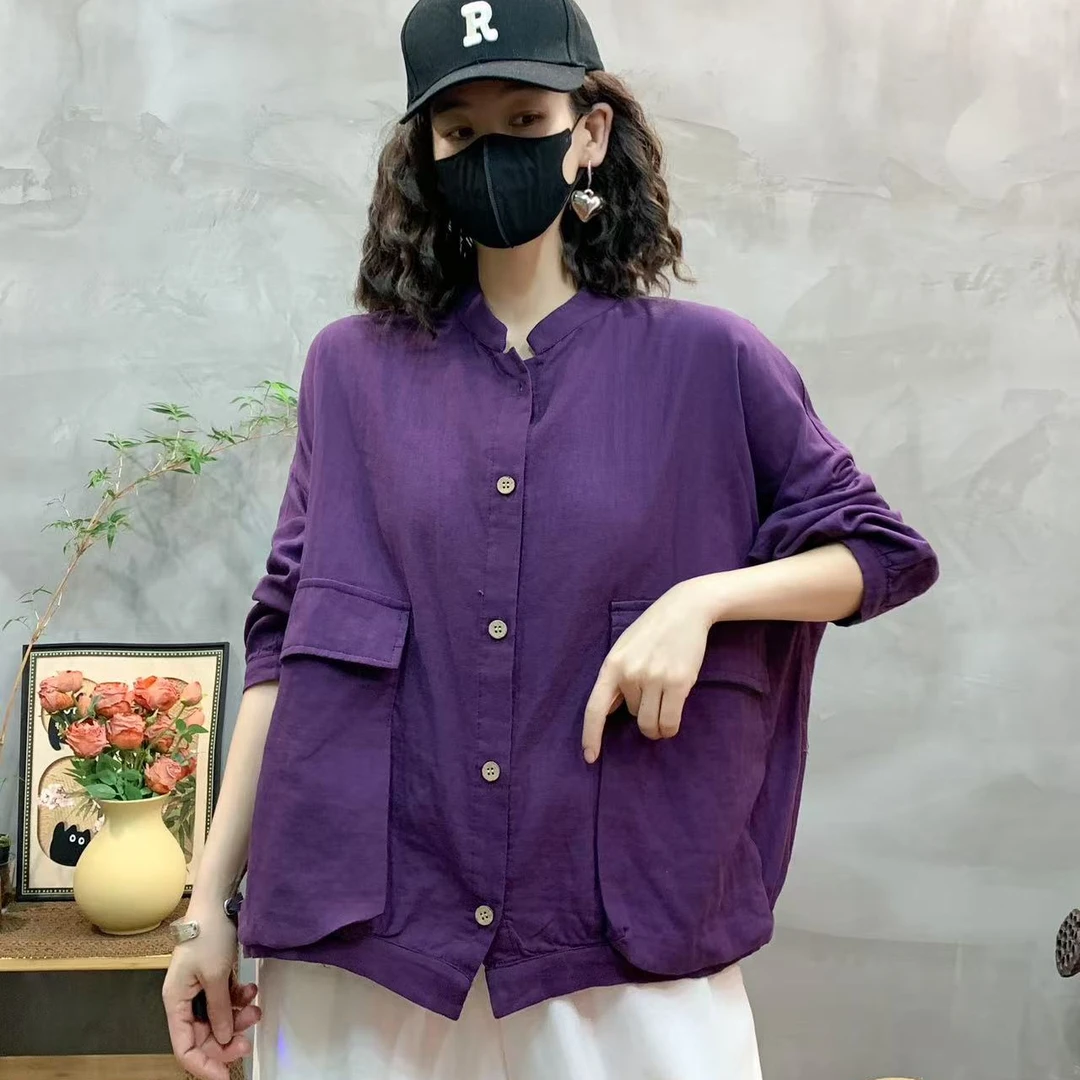 C2858春季新款棉纱开衫女双口袋薄外套舒适百搭显瘦