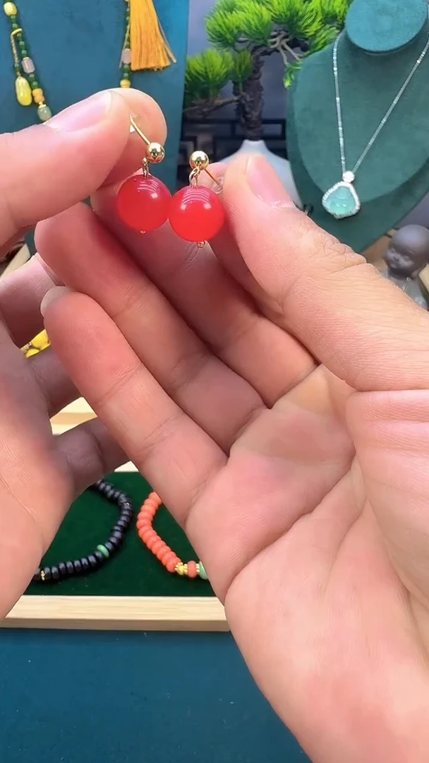 南红玛瑙14K金镶嵌耳饰E340