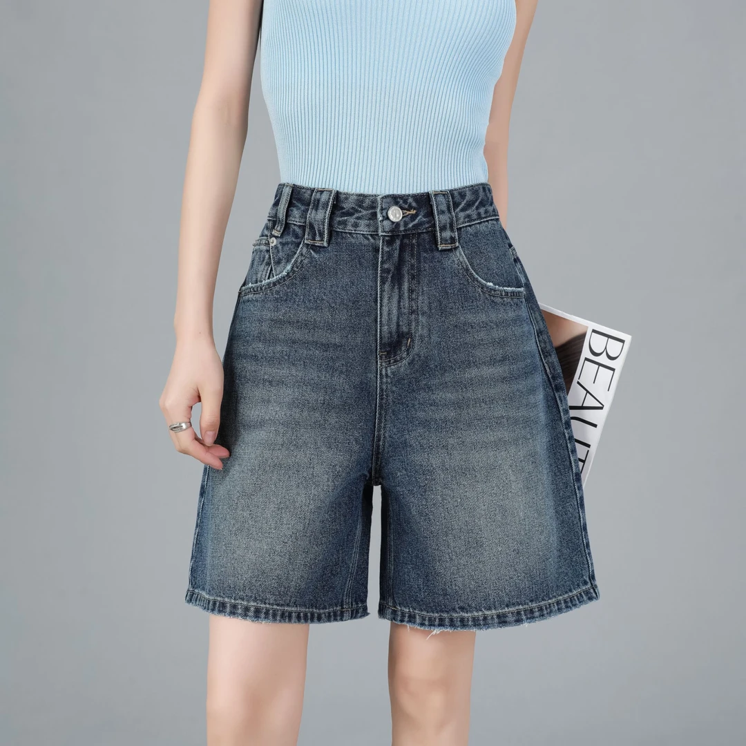 韩版宽松高腰四分裤百搭休闲牛仔裤女款爆款2025新款阔腿短裤大码
