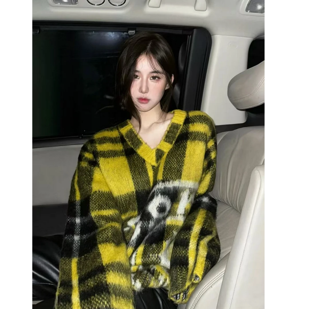 全新未使用 DIOR/迪奥 logo格纹印花v领长袖毛衣 黄色/34/36