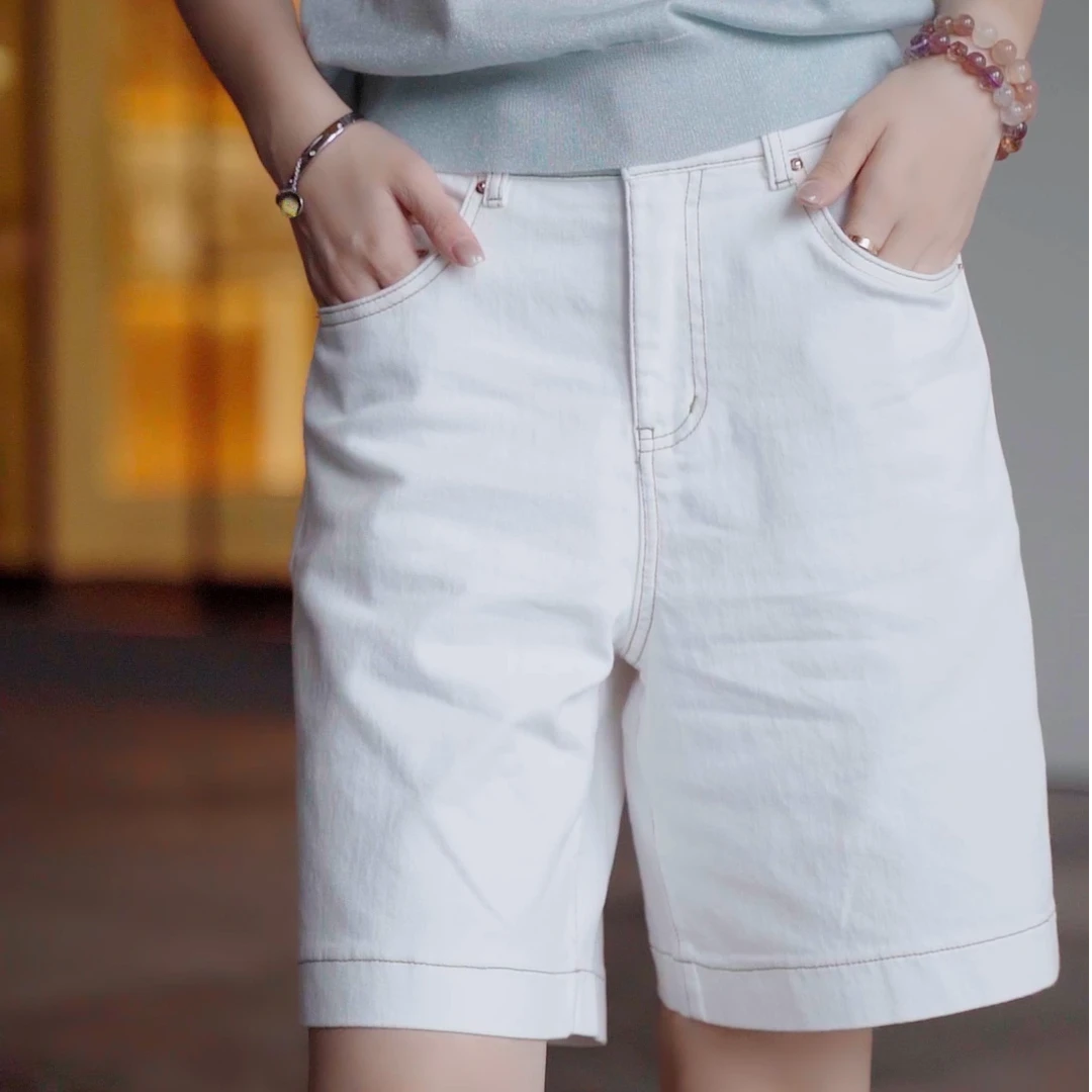 2025夏季新款女装时尚休闲裤高腰牛仔裤百搭简约刺绣松紧腰短裤