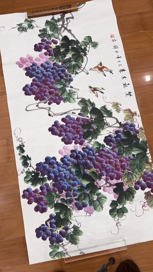 国画【福利，纯手绘国画】张文锦葡萄横幅138*68厘米