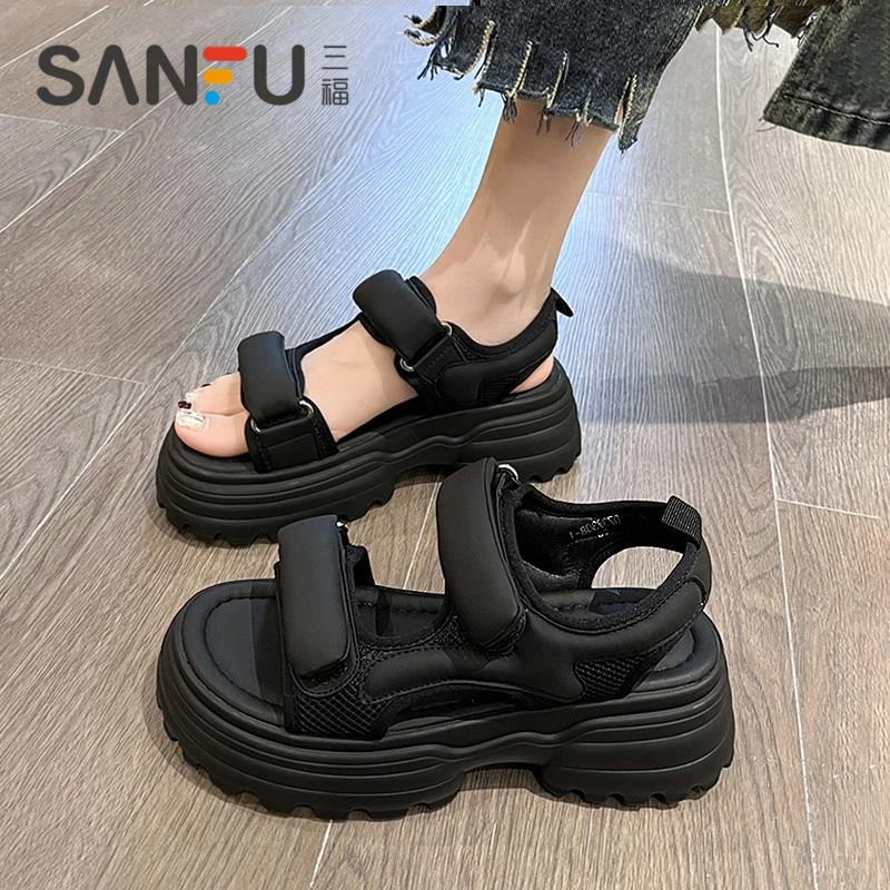 三福松糕厚底凉鞋女款2025新款夏季魔术贴白色运动凉鞋外穿罗马沙