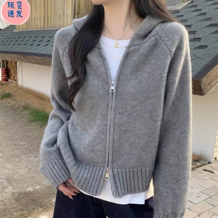 欧货独特洋气宽松羊毛开衫秋冬高级感双拉链连帽针织衫上衣女外套