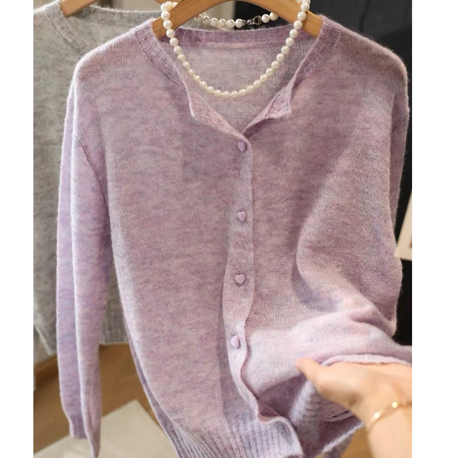 超好看梦幻花纱粉紫色圆领针织开衫韩系宽松慵懒风薄秋洋气外套新