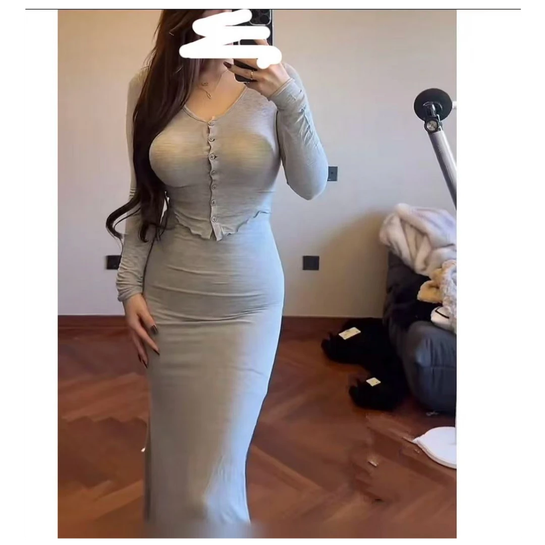 【现货】性感纯欲长袖开衫鱼尾包臀修身紧身半身长裙辣妹两件套装女