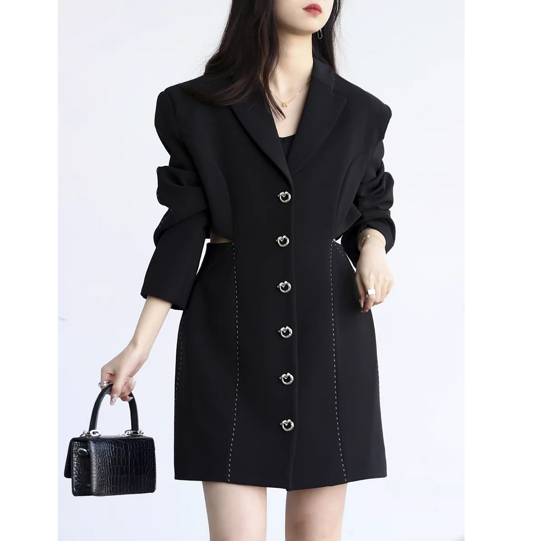 「青和月服饰」秋季气质设计感小心机明线露腰显瘦西装连衣裙女