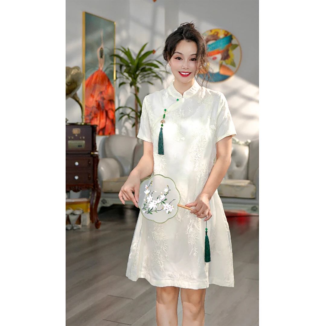 无印心匠K1745 中长裙刺绣裙短袖旗袍薄款夏装裙子气质少女  B523