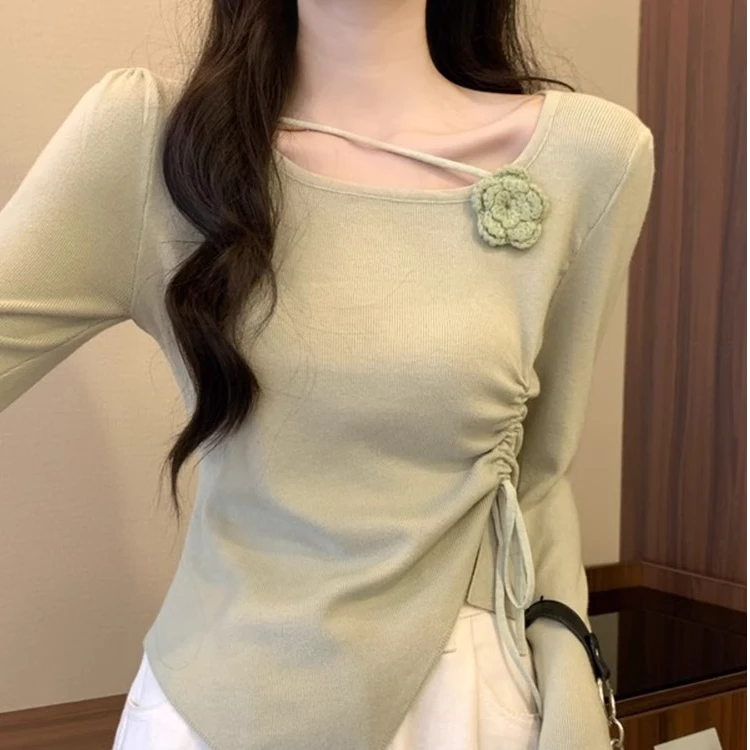 绿色短款上衣女秋装内搭打底衫2025新款miu系高级感穿搭小长袖T恤