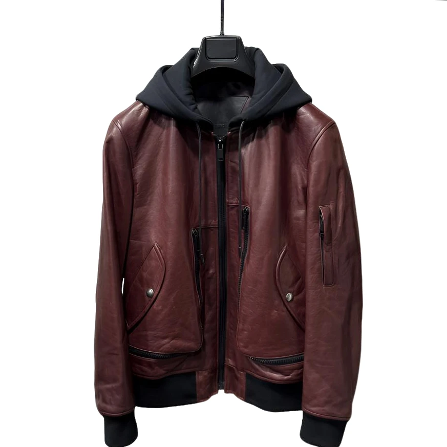 RA CITINCHY 1894意大利AM空军夹克酒红蜡感新西兰羊皮连帽外套
