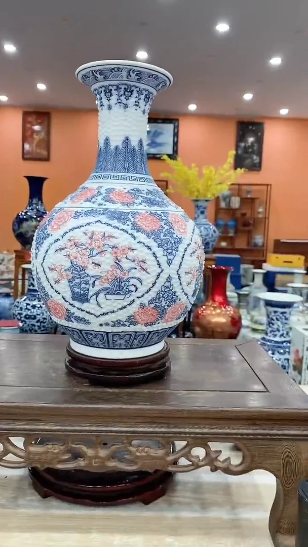 摆件玻璃白釉里红高34CM赏瓶+旋转底座