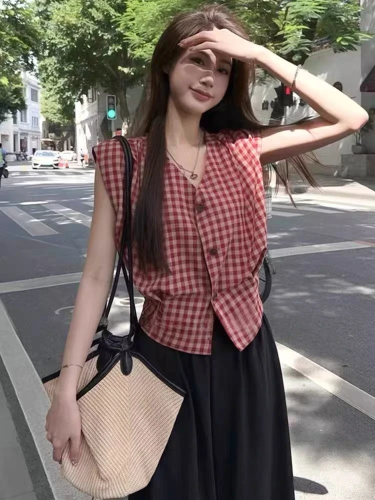 红色格纹小飞袖衬衫女2025新款棉麻无袖格子衬衣女短款