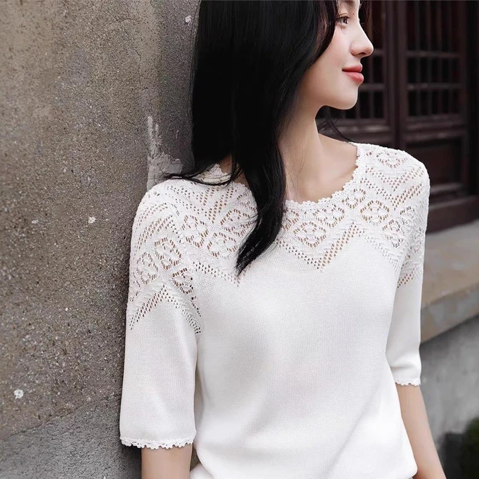 职业阿玛诗官2025春秋新款镂空钩花休闲半袖针织衫女装洋气T恤衫