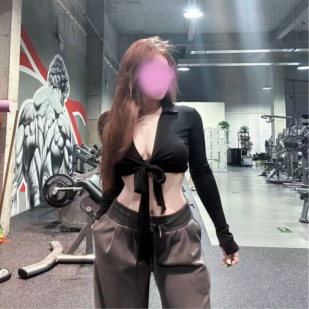 【宥金禧YOUJINXI】气质黑色翻领长袖开衫T恤女辣妹短款露脐上衣