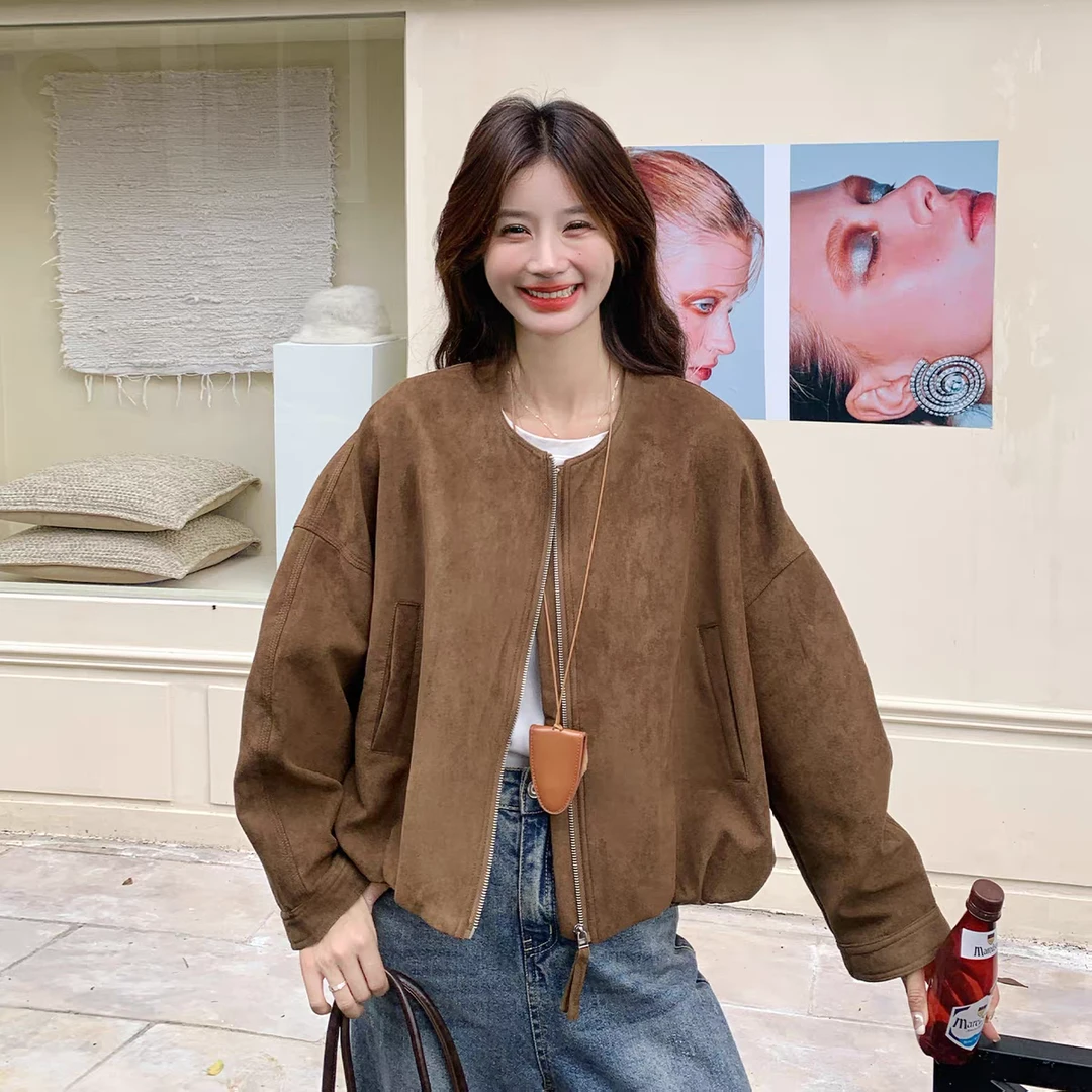 OYE2025年秋季新款港风直下摆宽松版型短外套百搭仿麂皮绒开衫女