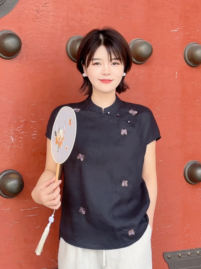 悦悦国风【梦蝶】蝴蝶刺绣立领高支纱汉麻连肩袖衬衣文艺复古女衬衫