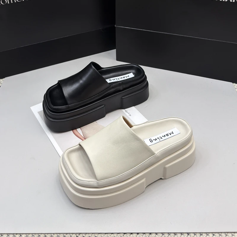 9962-1厚底拖鞋女外穿2025新款真皮松糕一字拖大方头沙滩凉拖鞋