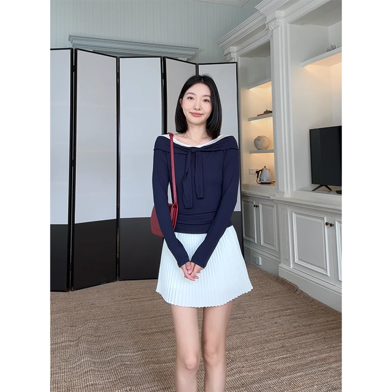 郭九九呢 气质网纱拼接修身显瘦长袖T恤百搭百褶半裙 G925Y03989