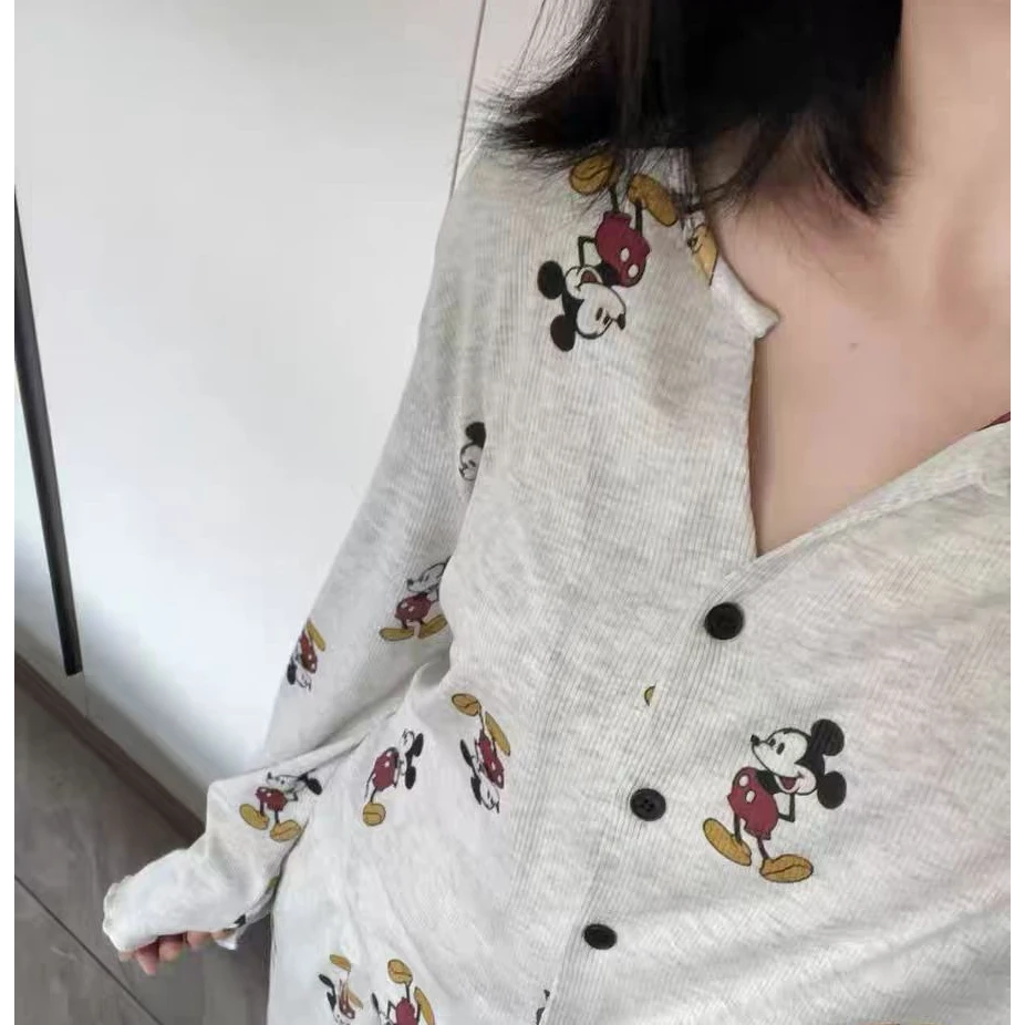 韩版少女简约灰色米奇卡通开衫圆领睡衣女春2025时尚可外穿家居服