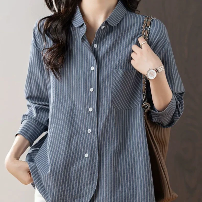 蓝色条纹衬衫外套女春秋高级感轻奢衬衣2025春季新款长袖上衣