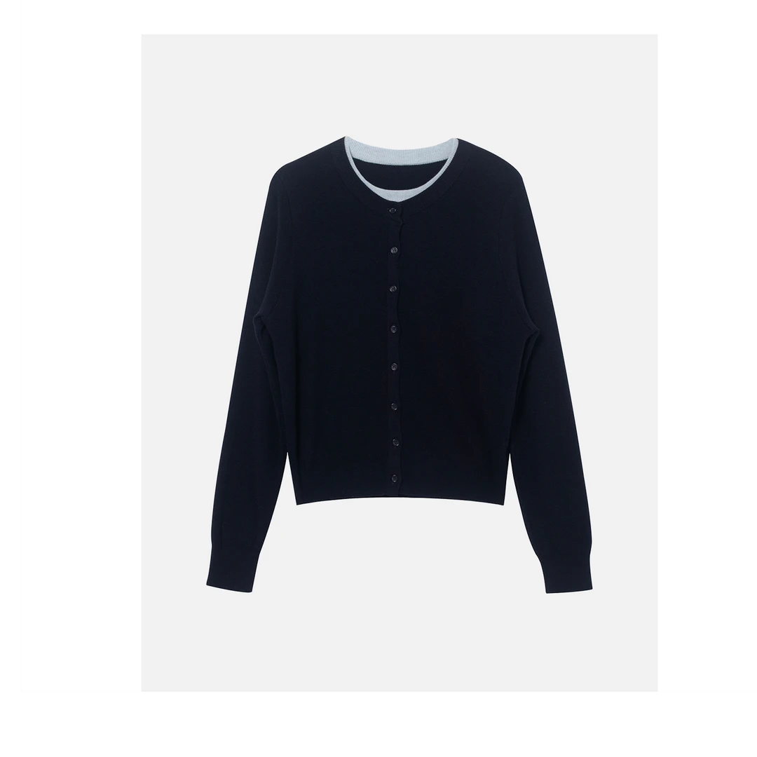 Basic House/百家好长袖藏青色针织衫女2025年秋季新款修身上衣