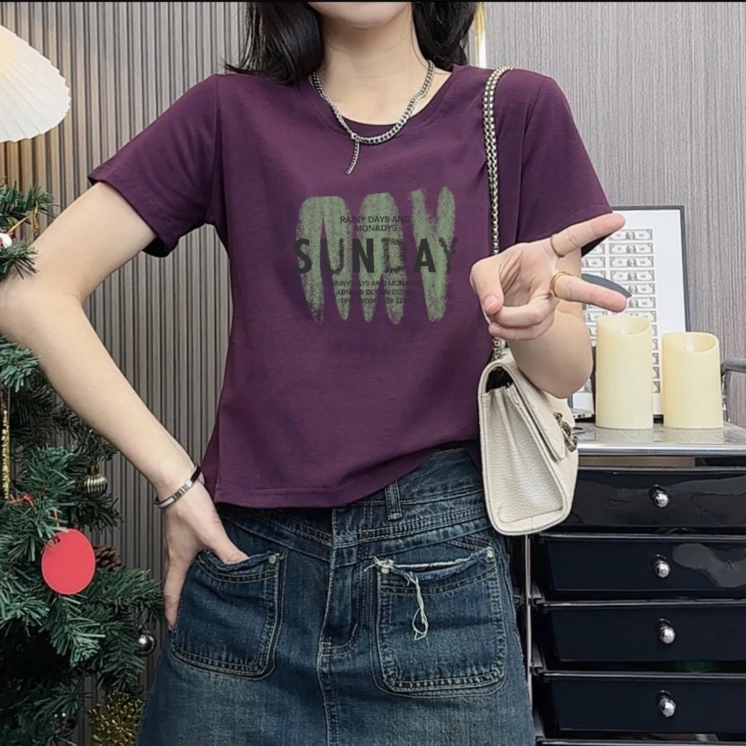 紫色NNY时尚夏季短袖t恤女2025正肩圆领女设计感别致休闲百搭