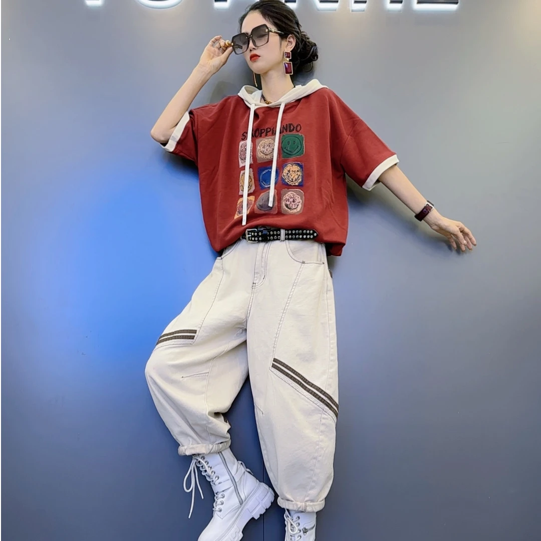 W77夏款连帽小众六色短袖印花上衣-定制斜边条三色牛仔裤