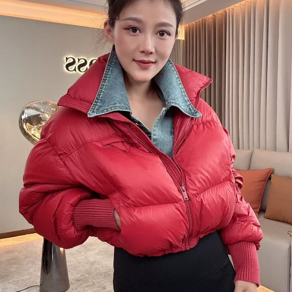 【耿老板8001#M】港风显白牛仔领设计师款时尚短面包服羽绒安心绒