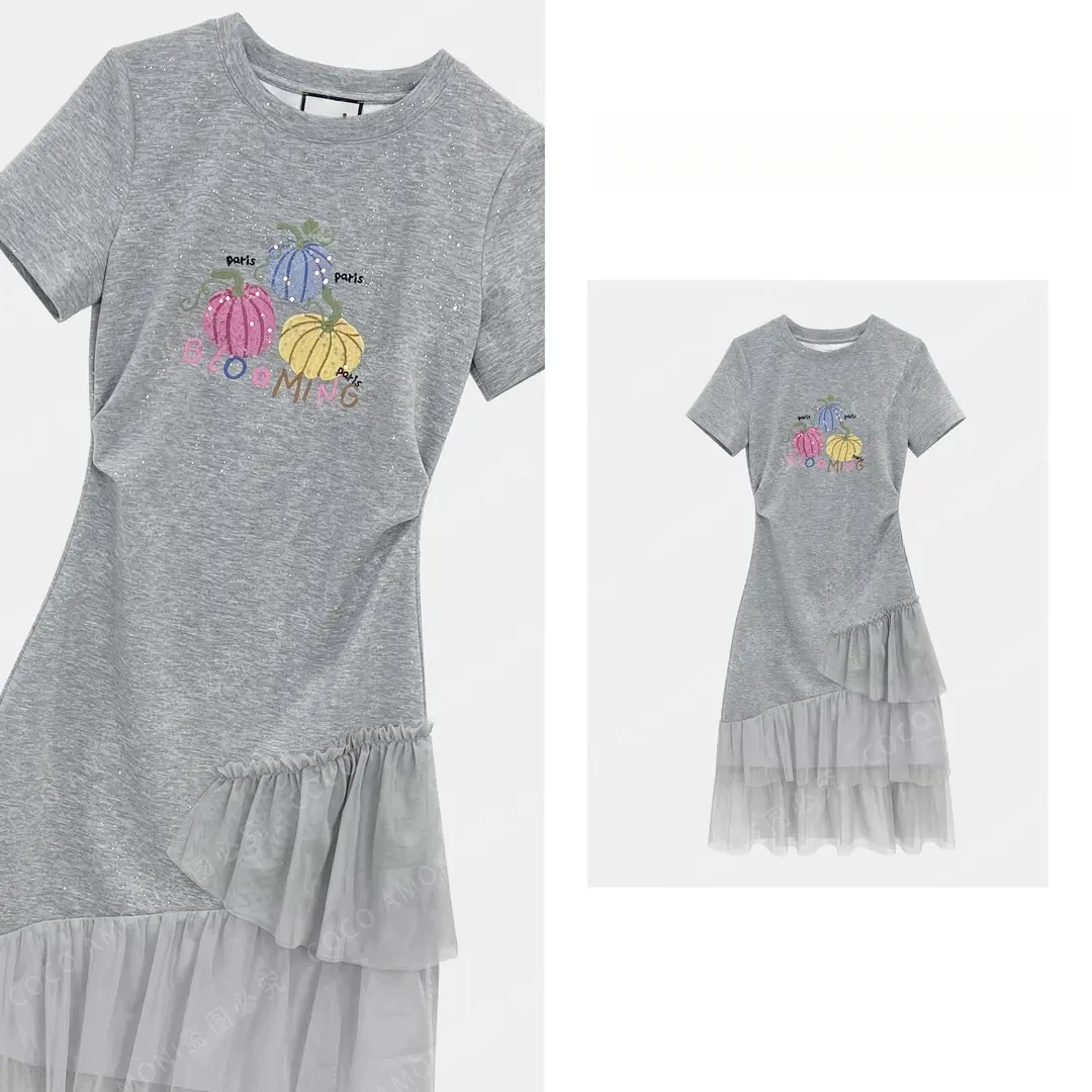 新款带亮钻设计时尚女拼接重工刺绣南瓜收腰显瘦气质连衣裙裙子