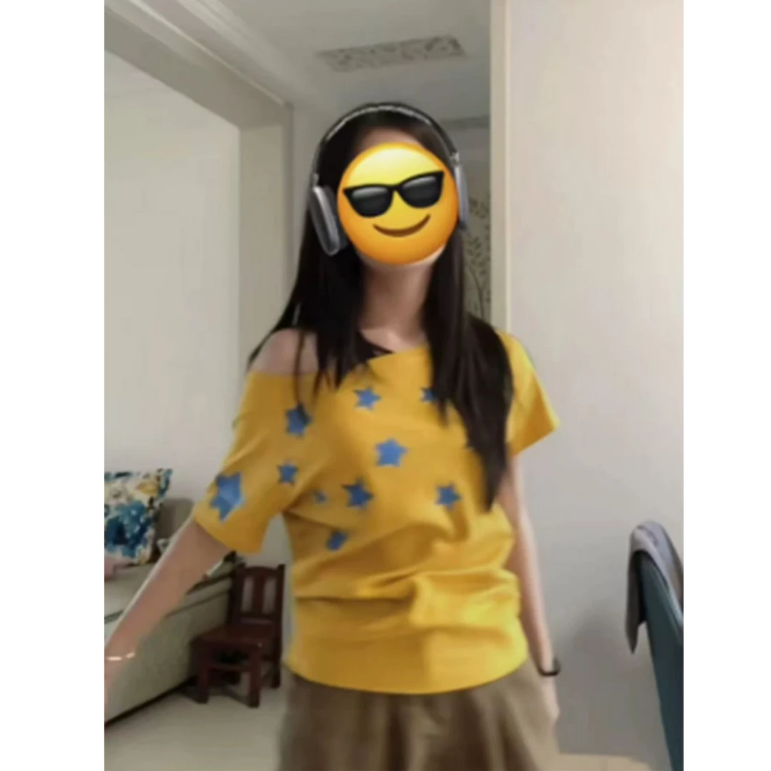 美式辣妹假两件斜肩短袖t恤女夏季新款星星设计感宽松百搭上衣潮
