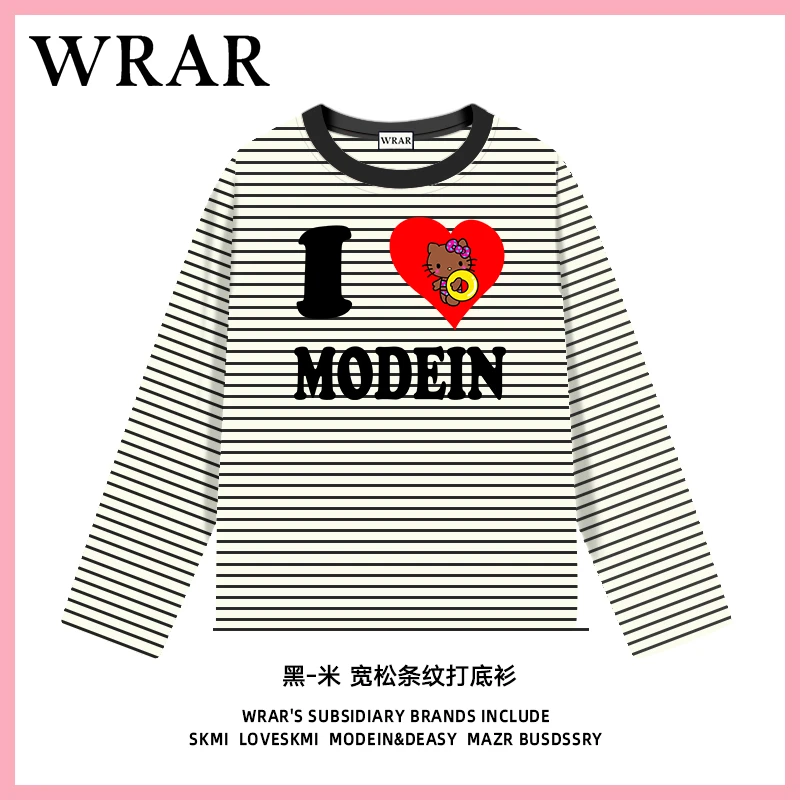 【黑KT与游泳圈】 长袖条纹圆领日常春秋宽松型T恤时尚上衣秋冬