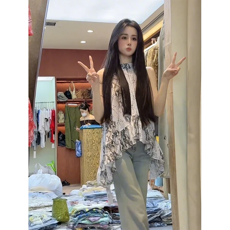 夏季新款韩版时尚休闲气质挂脖吊带小衫女装不规则下摆荷叶边上衣