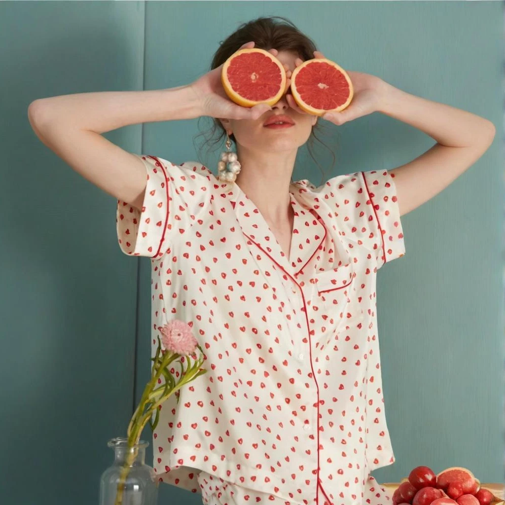 桑罗波点爱心真丝睡衣套装桑蚕丝绸短袖衬衫式舒适睡衣女03A62878