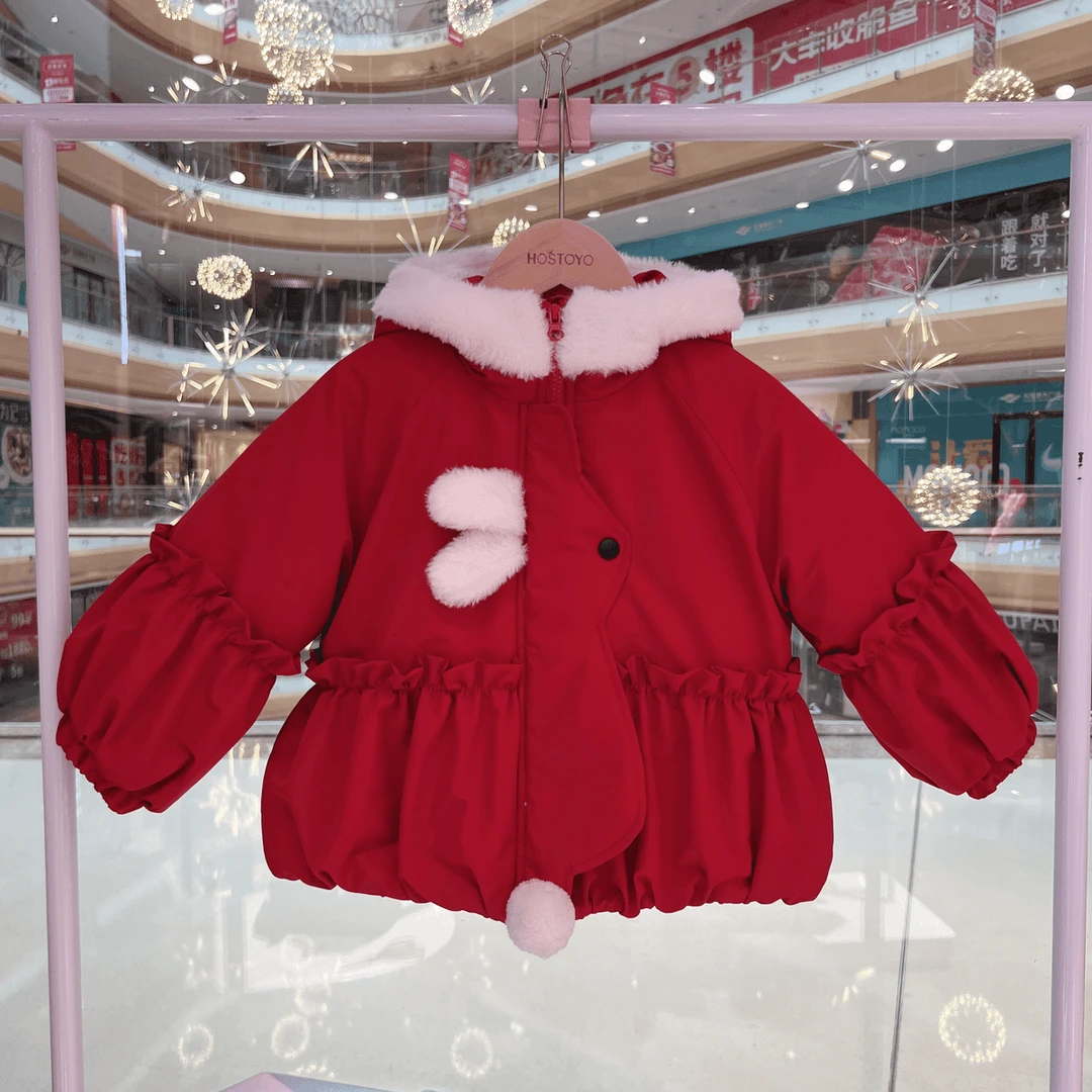 皇室童缘【年装】2024冬季女童新品时尚加绒花苞兔子棉服外套