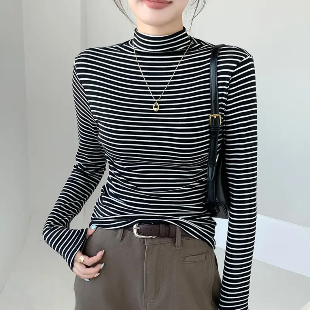 玲姐定制-外穿秋冬长袖修身显瘦条纹单层轻微磨毛保暖打底120513