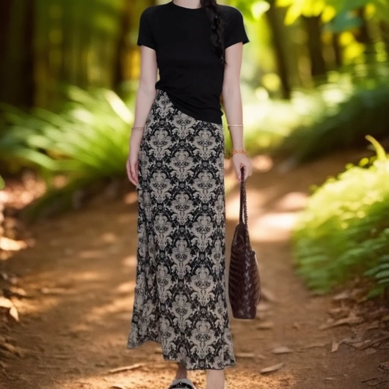 夏季新款纯色百搭气质舒适针织透气短袖上衣收腰显瘦长裙套装