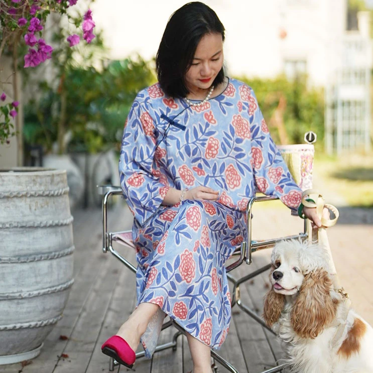 【奇居铜饰】中国风休闲圆领斜襟长袖长裙无领睡裙夏季印花裙 蓝调