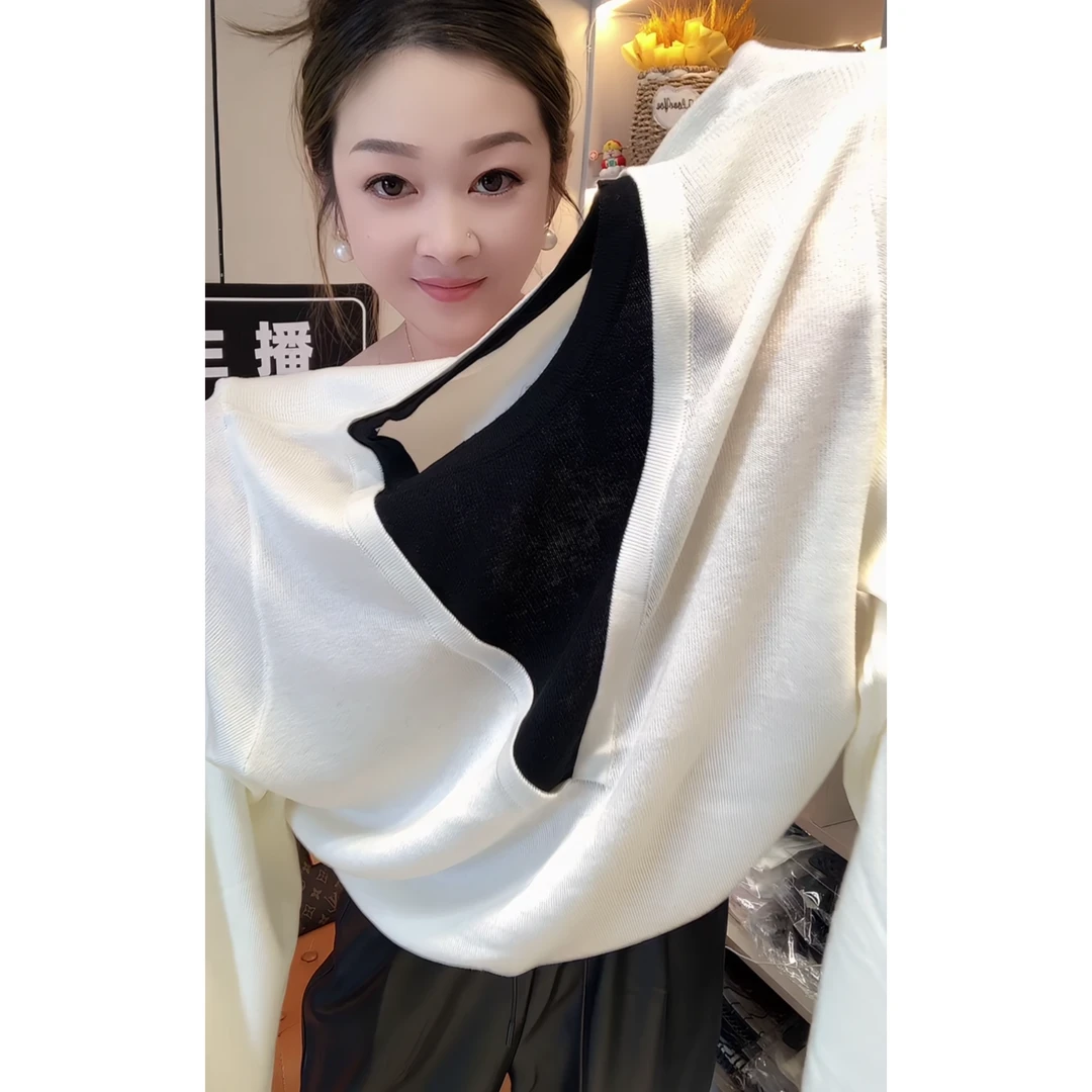 撞色假两件套头毛衣女秋冬2025新款韩系慵懒风宽松内搭针织衫上衣