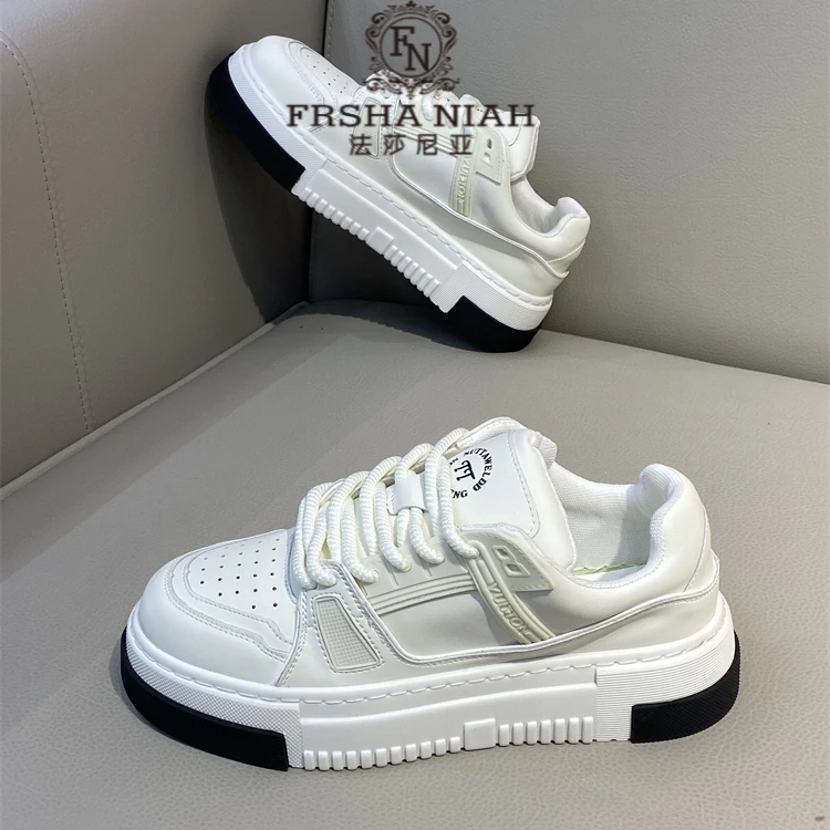 法莎尼亚男鞋秋季新款休闲鞋百搭透气皮面板鞋厚底轻便男士小白鞋