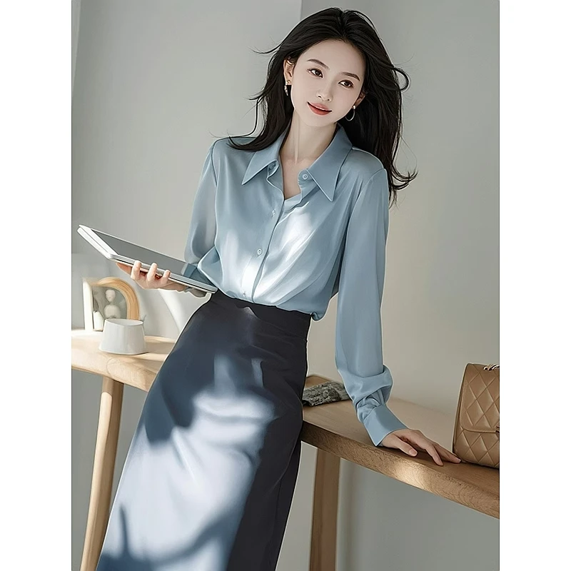 初秋上班通勤梨型身材穿搭高冷范气场强大女装蓝色衬衫裙子套装夏