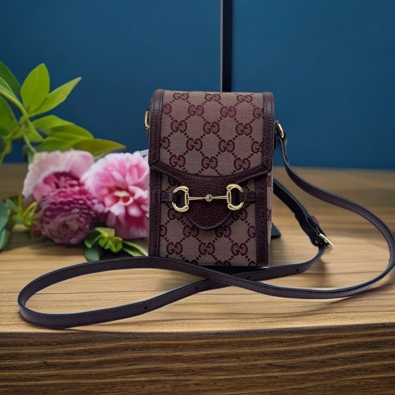 95新 GUCCI/古驰 老花红褐色手机包1704 8180