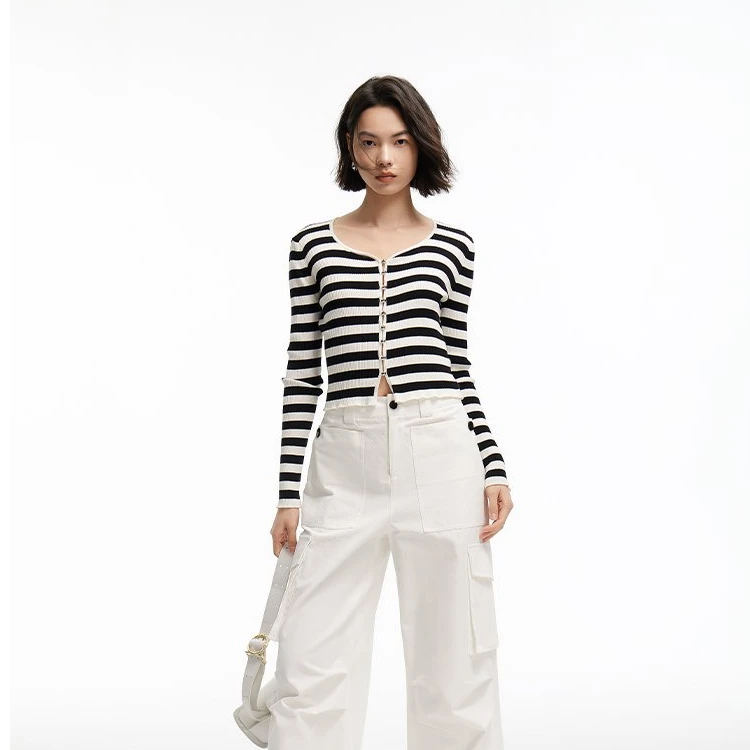 【小余专属】 气质撞色条纹针织开衫女春季休闲时髦上衣R4A52822