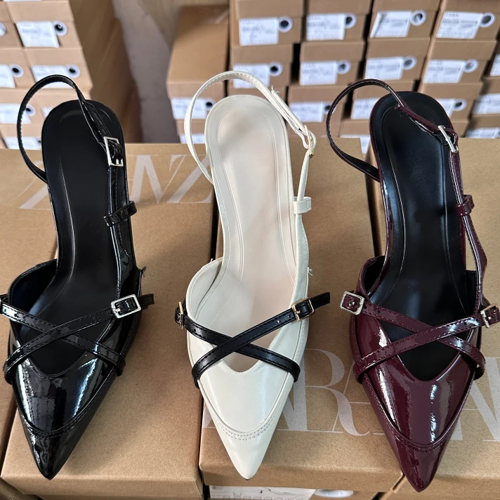 2025外贸交叉搭扣带饰尖头高跟凉鞋英伦风穆勒鞋仙女风单鞋