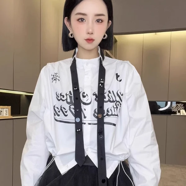 【现货】长袖衬衫2025秋冬新款设计感撞色拼接字母领带单排扣