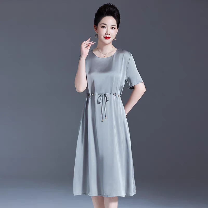 【小老弟】灰色纯色女装连衣裙收腰系带长裙时尚短袖轻奢复古长袖