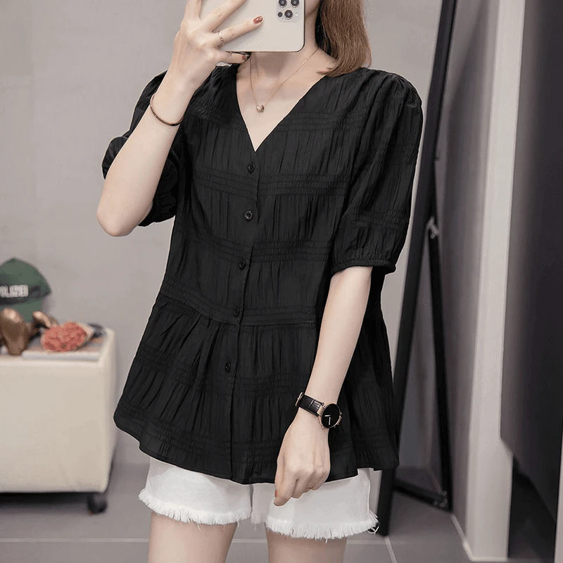 大码衬衫上衣女设计感小众新款夏季胖正肩显瘦别致恤jj